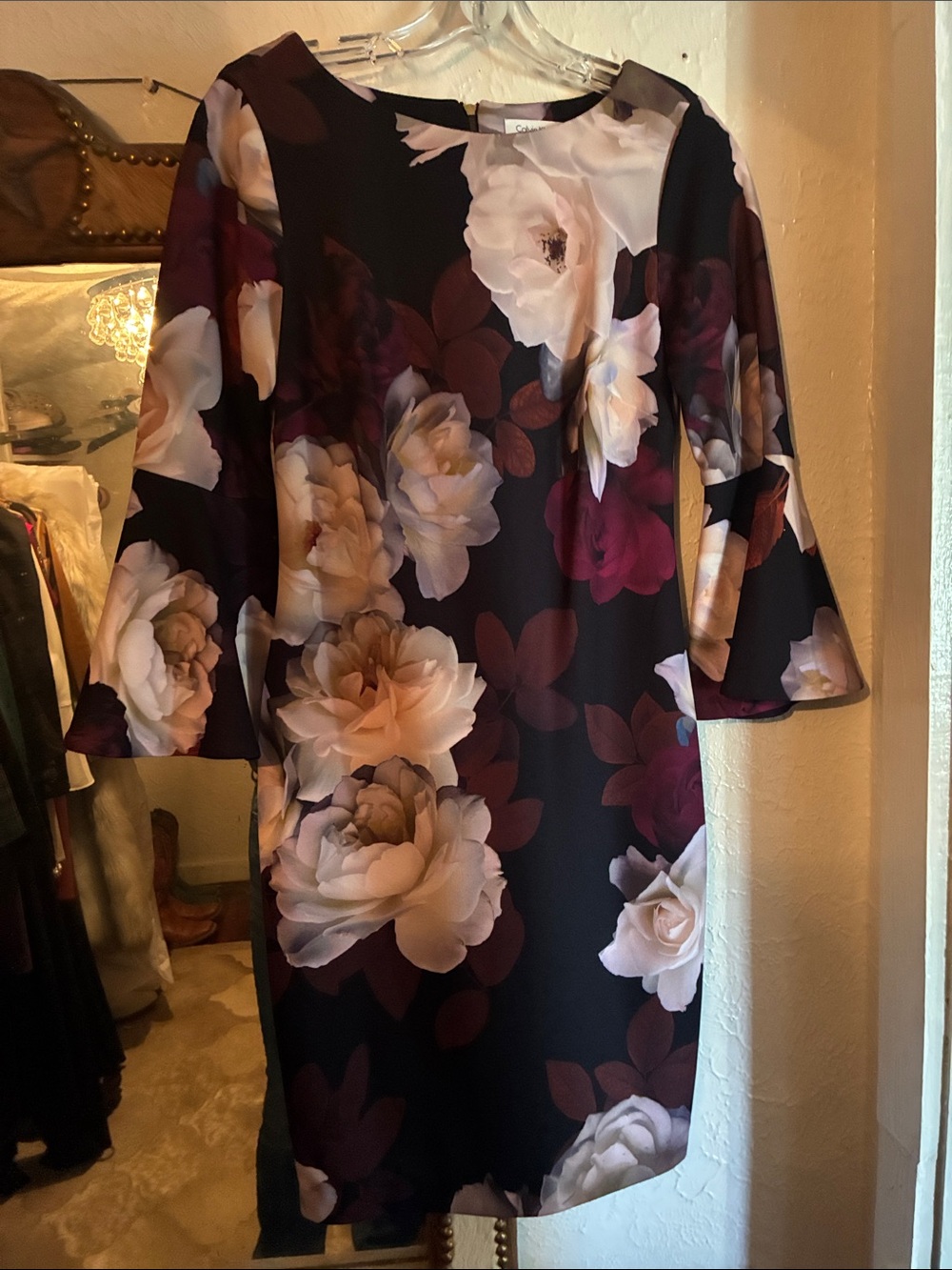 Calvin Klein Black Shift Dress with Cream and Burgundy Floral Print